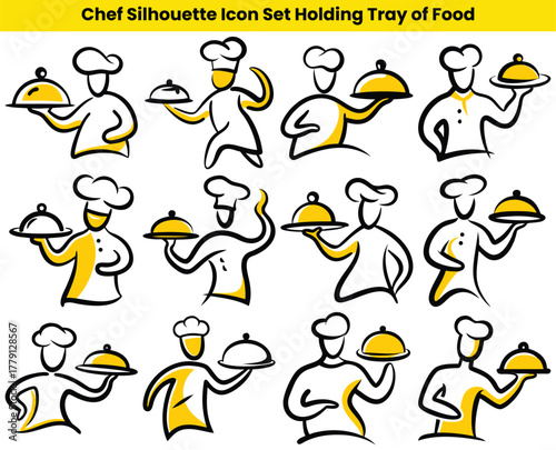 Chef Silhouette Icons with Tray of Food in Black and Yellow Design