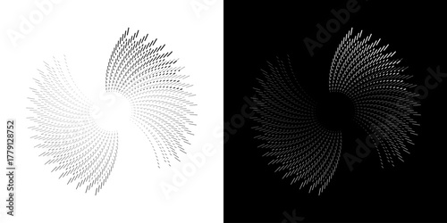 Dynamic abstract spiral sound wave rhythm lines. Circular spiral sound wave rhythm of lines. Circular futuristic abstract lines, black and white background.	
