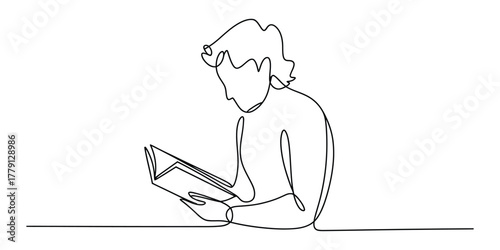 Simple continuous line art of a focused person reading a book
