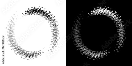 Dynamic abstract spiral sound wave rhythm lines. Circular spiral sound wave rhythm of lines. Circular futuristic abstract lines, black and white background.	
