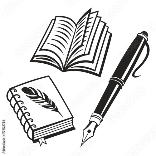 Open book, notebook, and fountain pen