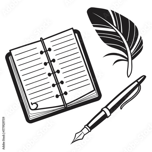 Open notebook, feather quill, and fountain pen