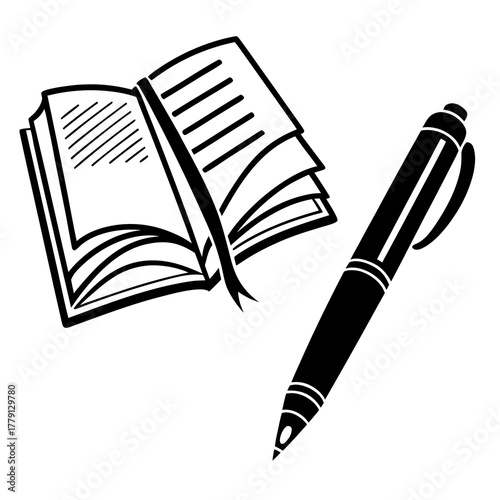 Open book with bookmark and pen