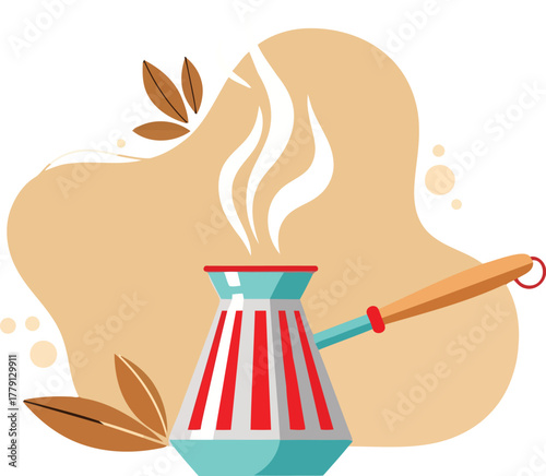 Traditional turkish coffee pot with steam isolated on white background