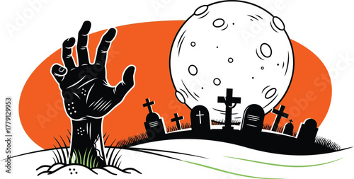 Zombie hand rising from the grave in a graveyard isolated on white background