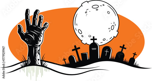 Zombie hand rising from the grave in a graveyard isolated on white background