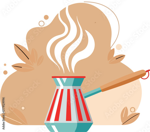 Traditional turkish coffee pot with steam isolated on white background