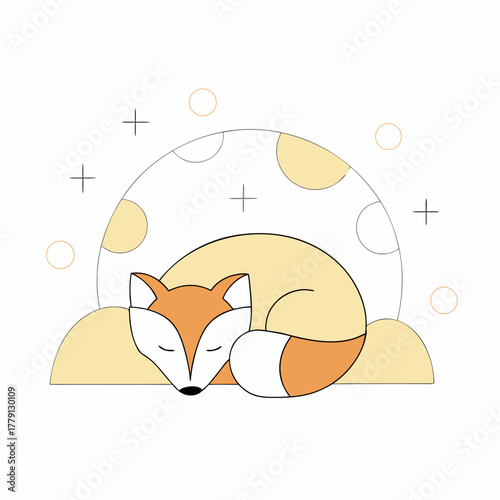 A minimalist fox sleeping curled up in a den