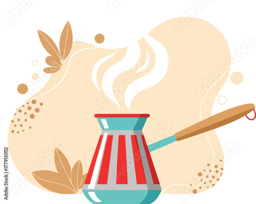 Traditional turkish coffee pot isolated on white background with steam rising