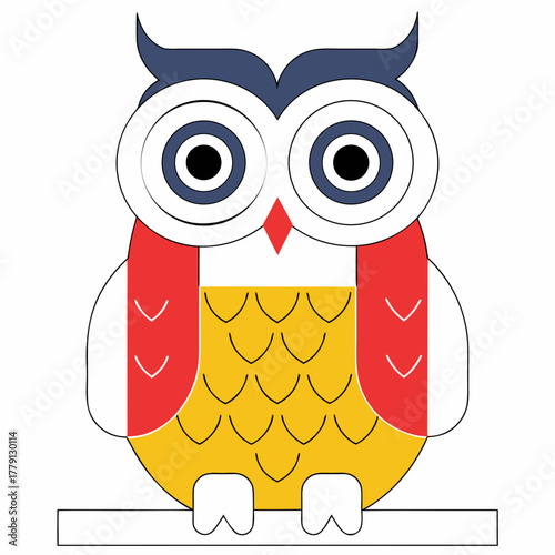 A minimalist owl with large inquisitive eyes sits on a branch