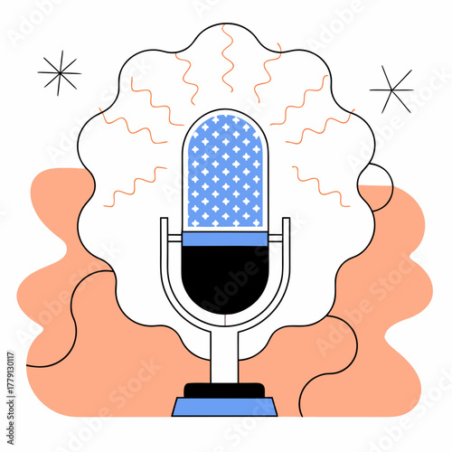 A podcast microphone emitting sound waves illustration