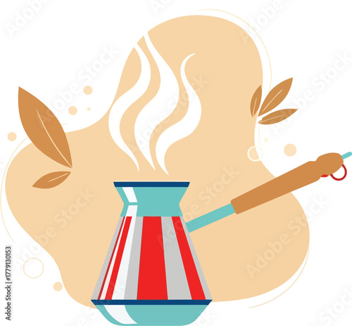 Turkish coffee pot with steam and leaves on a beige background illustration