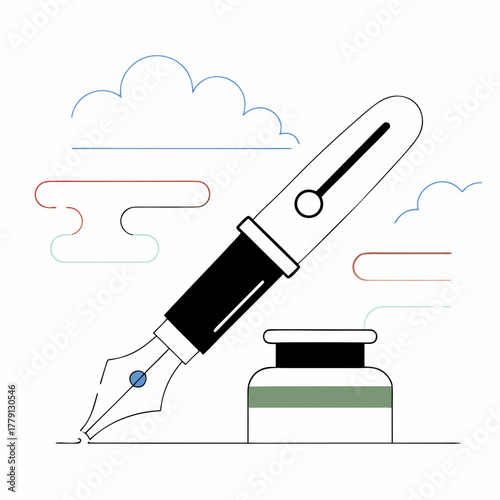 A fountain pen with an inkwell for writing