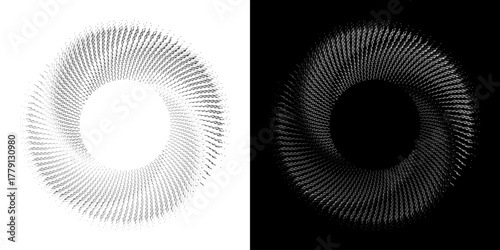 Dynamic abstract spiral sound wave rhythm lines. Circular spiral sound wave rhythm of lines. Circular futuristic abstract lines, black and white background.	
