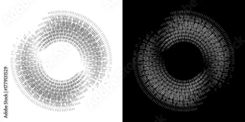 Dynamic abstract spiral sound wave rhythm lines. Circular spiral sound wave rhythm of lines. Circular futuristic abstract lines, black and white background.	
