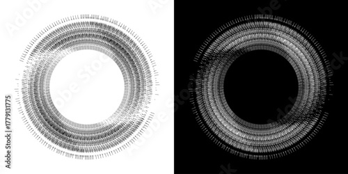 Dynamic abstract spiral sound wave rhythm lines. Circular spiral sound wave rhythm of lines. Circular futuristic abstract lines, black and white background.	
