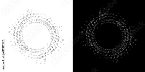 Dynamic abstract spiral sound wave rhythm lines. Circular spiral sound wave rhythm of lines. Circular futuristic abstract lines, black and white background.	
