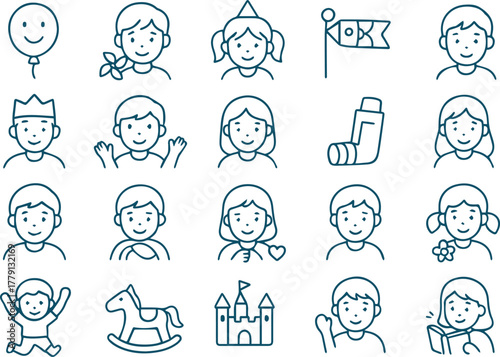 Illustration of children icons isolated on white background, featuring balloon, boy, girl, flag, toy horse, and castle, symbolizing childhood, play, and innocence