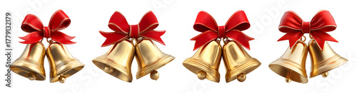 Golden Christmas bells with red ribbon bow isolated transparent background.