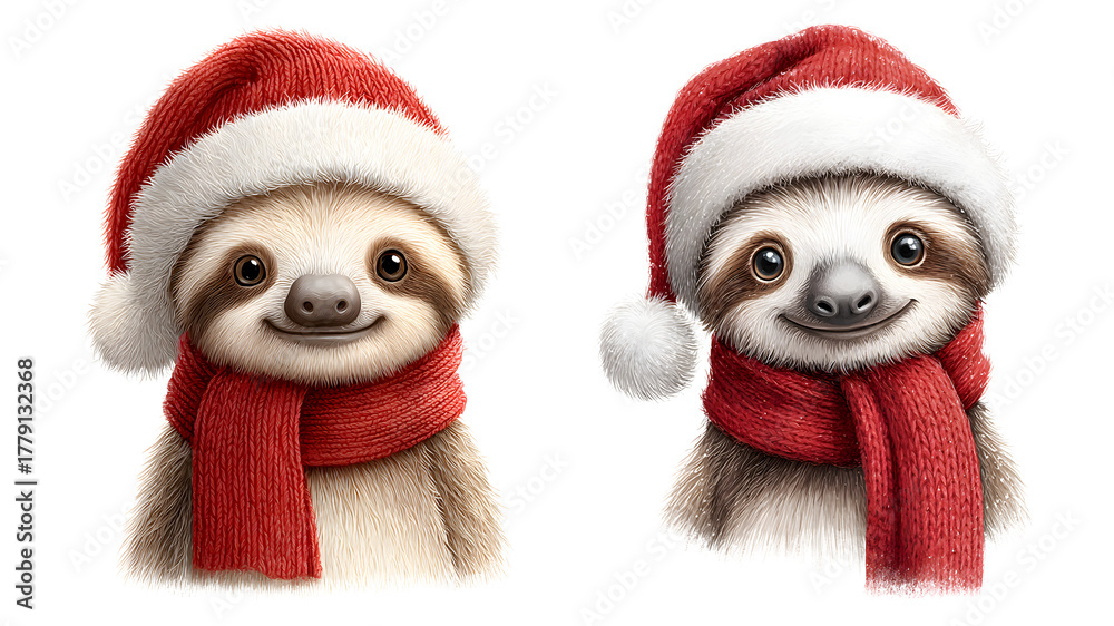 Fototapeta premium Watercolor sloth wearing Santa hat and red scarf cute Christmas holiday isolated transparent background.