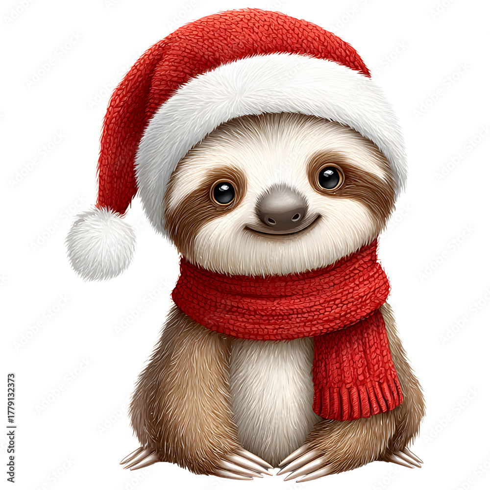 Fototapeta premium Watercolor sloth wearing Santa hat and red scarf cute Christmas holiday isolated transparent background.