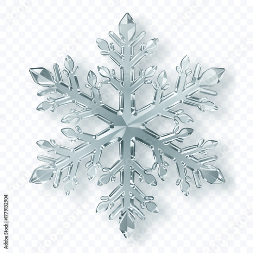 A complex, six-pointed snowflake with sharp, crystalline facets in shades of silver and white with soft shadow on a transparent background. Transparency only in vector format.