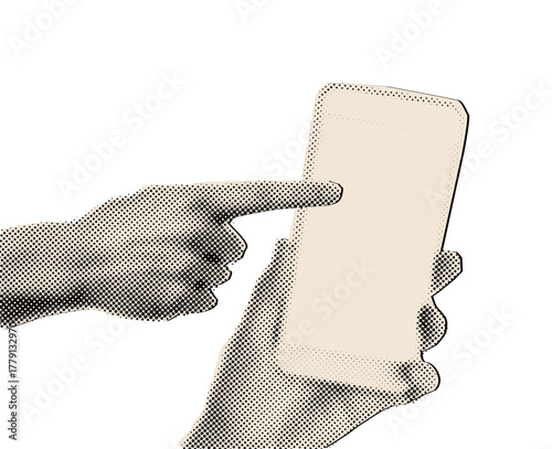 Hand pointing something to smartphone in hand with halftone texture