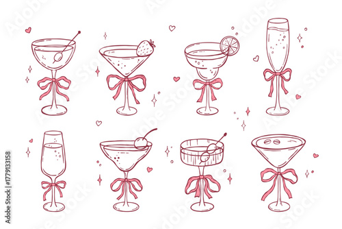 Coquette cocktail glass with bow, cherry and strawberry, hand draw vector illustrations set, espresso martini, doodle whimsical sketch for party invitation