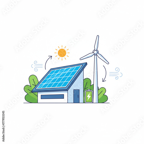 Minimalist landscape showing the harmonious integration of wind and solar clean energy technology.