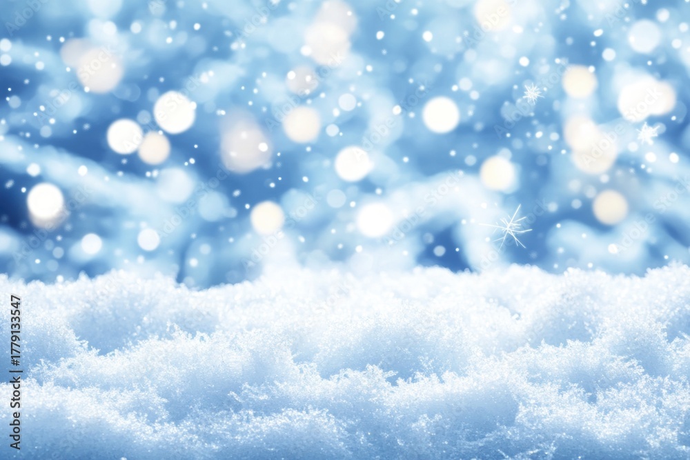Fototapeta premium Winter Wonderland: A serene winter scene with softly falling snowflakes and shimmering bokeh lights dancing against a blurred backdrop, embodying the tranquility of a frosty atmosphere.