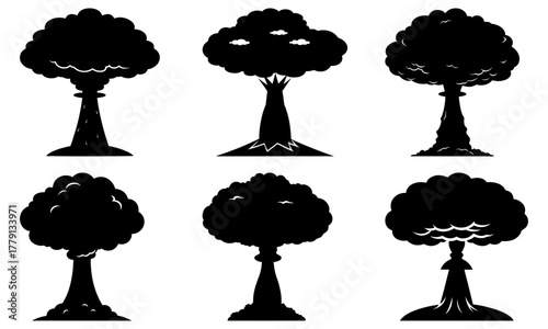 Six stylized atomic explosion silhouettes, representing power, destruction, and the nuclear age, originally created as scalable vector graphics