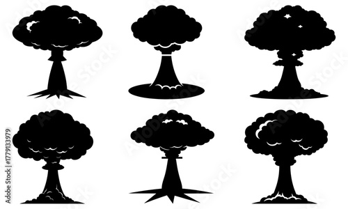Powerful atomic explosions, silhouettes showcasing immense energy and destruction for impactful designs, originally a scalable vector graphic, symbol of power
