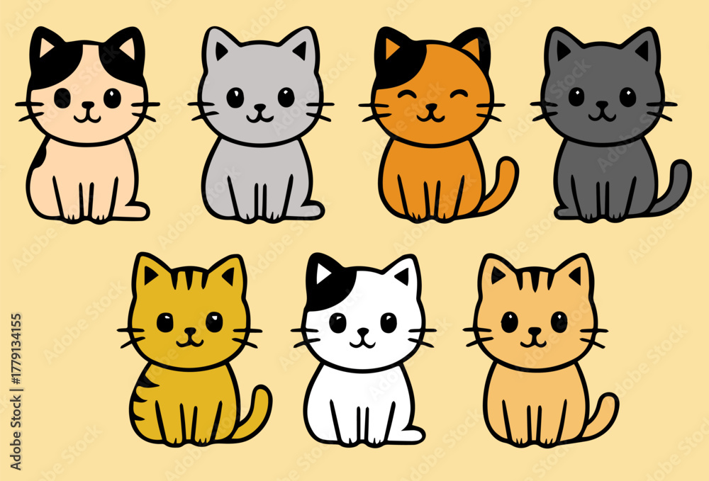 Obraz premium Colorful Cartoon Cat Character Collection Eight Adorable Kawaii Kittens in Different Colors and Fur Patterns Vector Graphics for Kids and Pet Designs