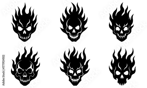 Six dynamic black flaming skull icons evoking power rebellion and intense energy perfect for edgy designs and bold branding projects