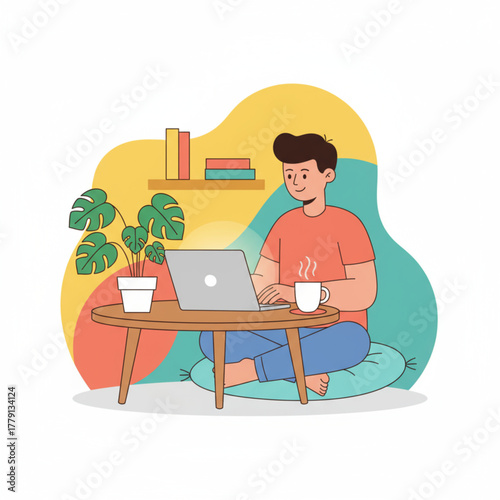 Freelance designer or remote employee enjoying a comfortable and flexible work environment.