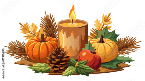 Very beautiful close-up of candle with pine cones on white background, small pumpkins, realistic Thanksgiving decoration, warm cozy light.