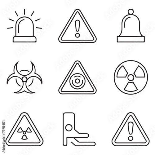 Hazard and Warning Line Icon Set | Alert, Danger, Caution, Toxic, Biohazard, Radiation Symbols