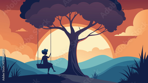 Child on a swing under a large tree at sunset with rolling hills