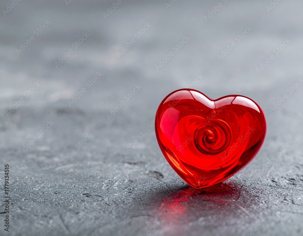 Fototapeta premium Close-up of a red heart on a gray textured surface with soft light.