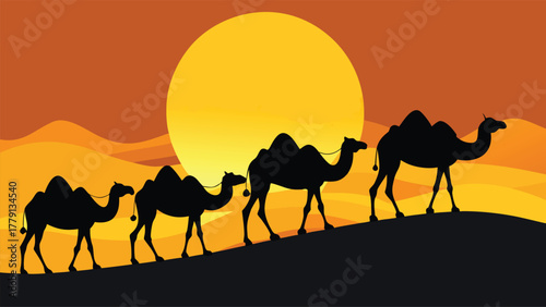 Silhouette of a camel caravan crossing desert dunes at sunset Illustrations