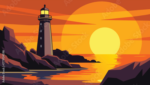 Lighthouse on rocky coast at sunset with warm orange sky Illustrations