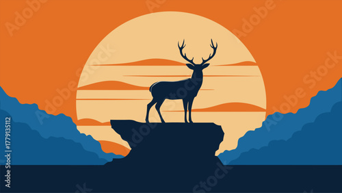 Majestic stag silhouette standing on cliff at sunset with warm sky Illustrations