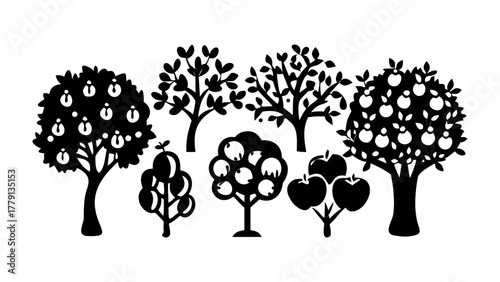 Silhouettes of Orchard Trees: Artistic silhouettes of apple trees stand in a line, each representing nature's bounty and the rustic beauty of an orchard setting.
