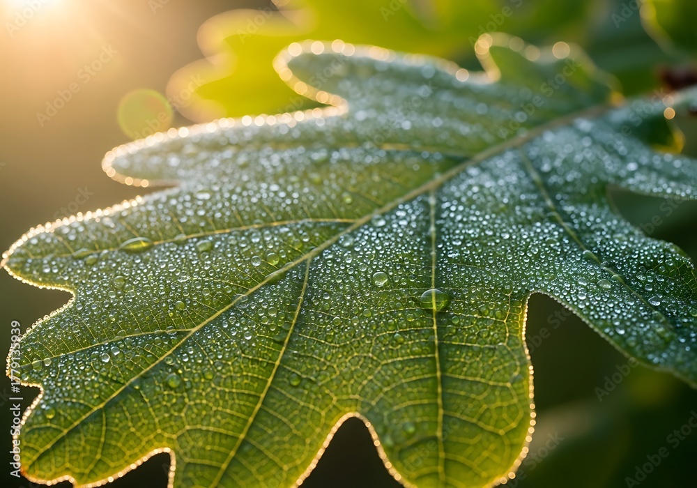 Fototapeta premium Close-up of a vibrant green oak leaf covered in morning dew, illuminated by sunlight.