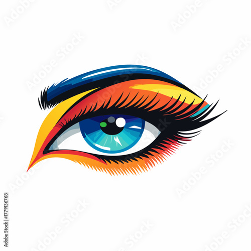 einzelnes Auge mit blauer Iris, langen Wimpern und farbenfroh geschminkt