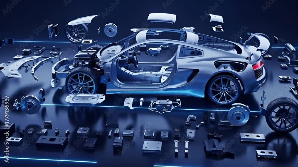 Modern car assembly blueprint with scattered components vídeo do Stock ...