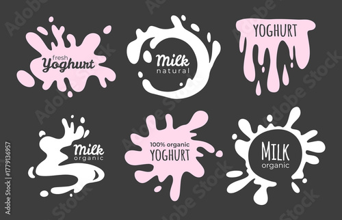 Milk and yogurt splash labels with pink and white liquid drops shapes. Vector set of flat badges for organic dairy products, natural farm creamy beverage packaging or promotional branding design.