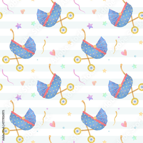 Pastel seamless pattern with baby stroller, hearts and stars. Soft watercolor pattern for kids. Baby background.