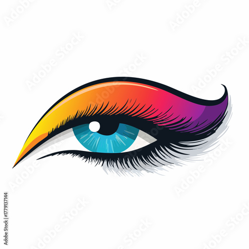 einzelnes Auge mit blauer Iris, langen Wimpern und farbenfroh geschminkt