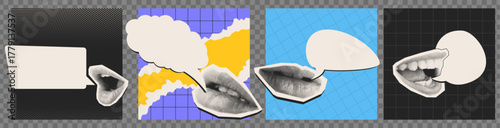 Halftone mouth stickers with speech bubbles in retro pop art collage style on colorful patterned backgrounds. Black and white halftone dotted lips with paper dialog shapes with geometric textures.
